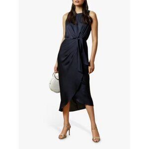 TED BAKER Pohshan Navy Blue Keyhole Tie Wrap Midi Dress Size Medium 3